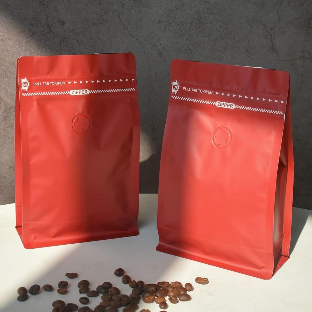 Bolsas de café con válvula 50 bolsas rojas 12 oz revestimiento aceite, alta barrera for desgasificación, almacenamiento alimentos cierre hermético pestaña for tirar, paquete