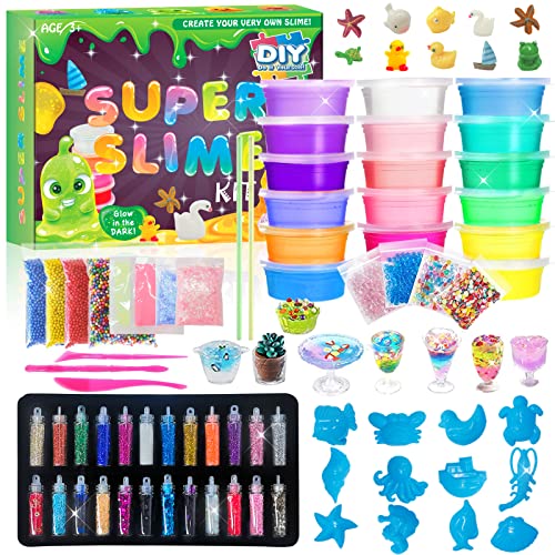 DIY Fluffy Butter Slime Making Kit - Glow in Dark Glitter Slime Making Set mit superweichem und Nicht klebrigem kristallklarem Slime Putty Kit Mädchen Jungen Kinder Cover