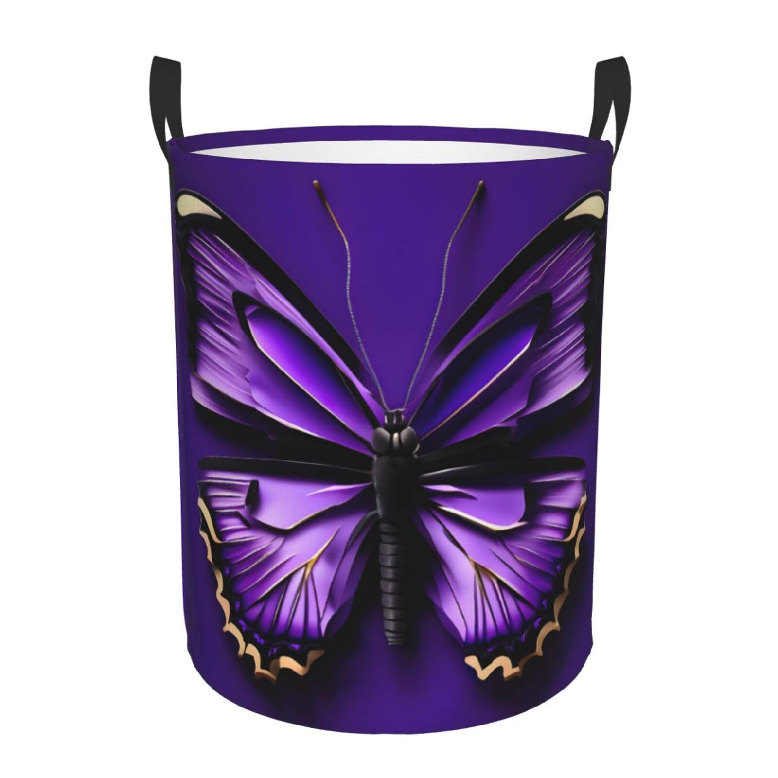 M Collapsible Laundry Hamper Round Cute Purple Butterfly Print Storage