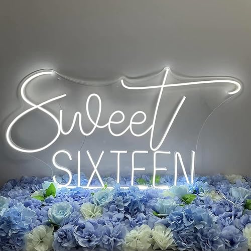 Letrero de neón LED con texto en inglés "Sweet 16", luz de neón de 16 años, decoración de fiesta de cumpleaños número 16, regalo de neón