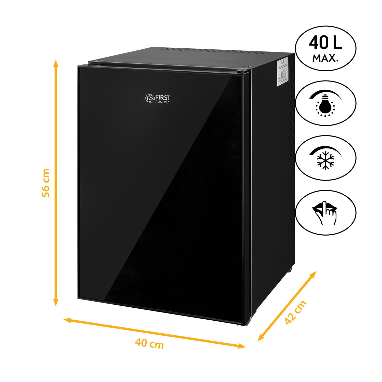 TZS First Austria - Mini Bar - Mini Frigorífico 40L Silencioso con Cerradura y Puerta Reversible - Nevera con Iluminación Interior para Camping, Oficina, Dormitorio y Hotel - Negro Mate