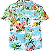 Remimi Unisex Kid Hawaiian Shirt Christmas Button Short Sleeve Shirts 5-14 Years, Christmas Light Blue, 7-8 Years