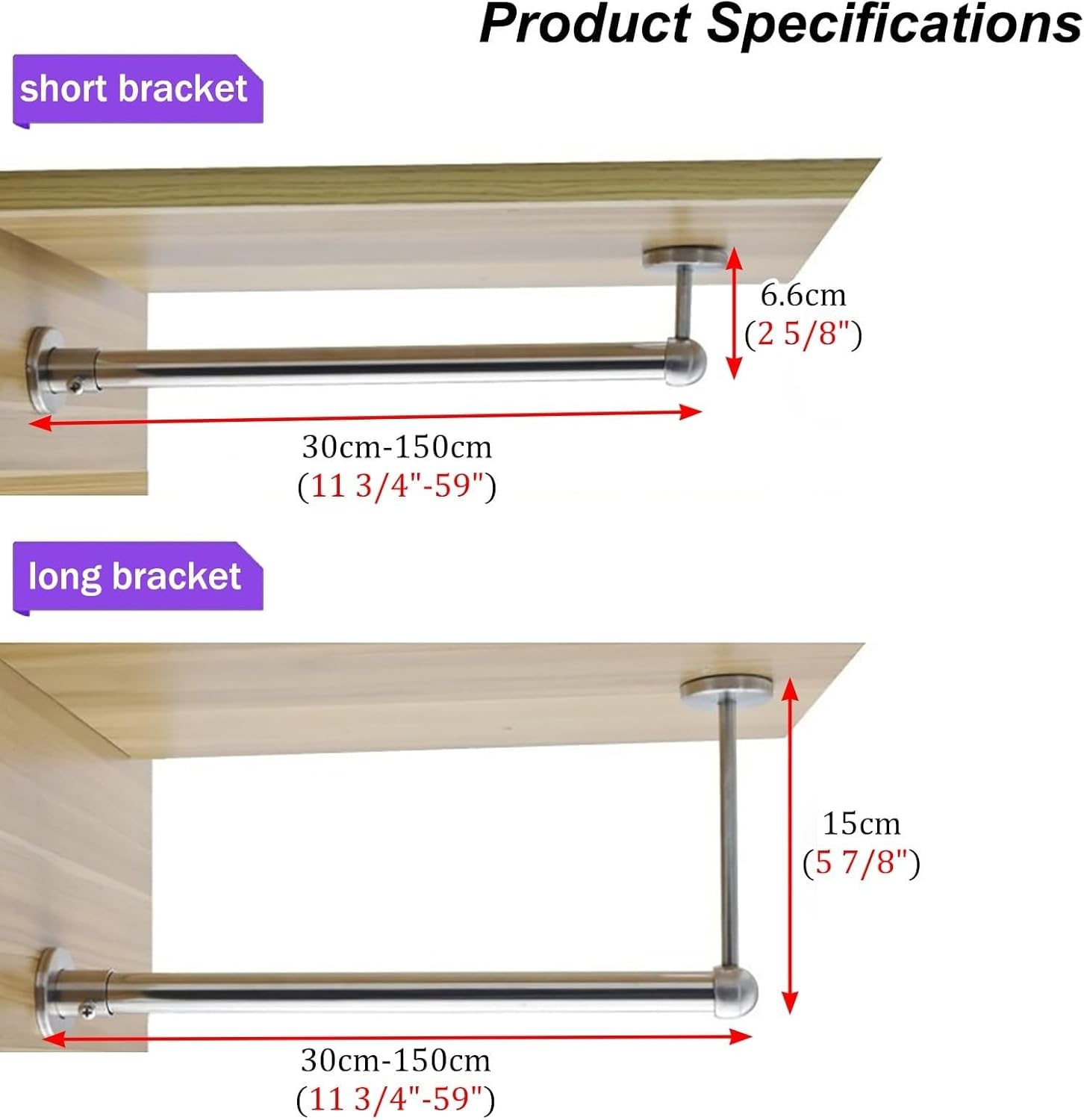 Wardrobe Rail Space Saving Closet Rods for Hanging Clothes, L Shaped Poles Easy Assemble, Heavy Duty Bar for Laundry Room/Bathroom(Short Bracket,30cm)