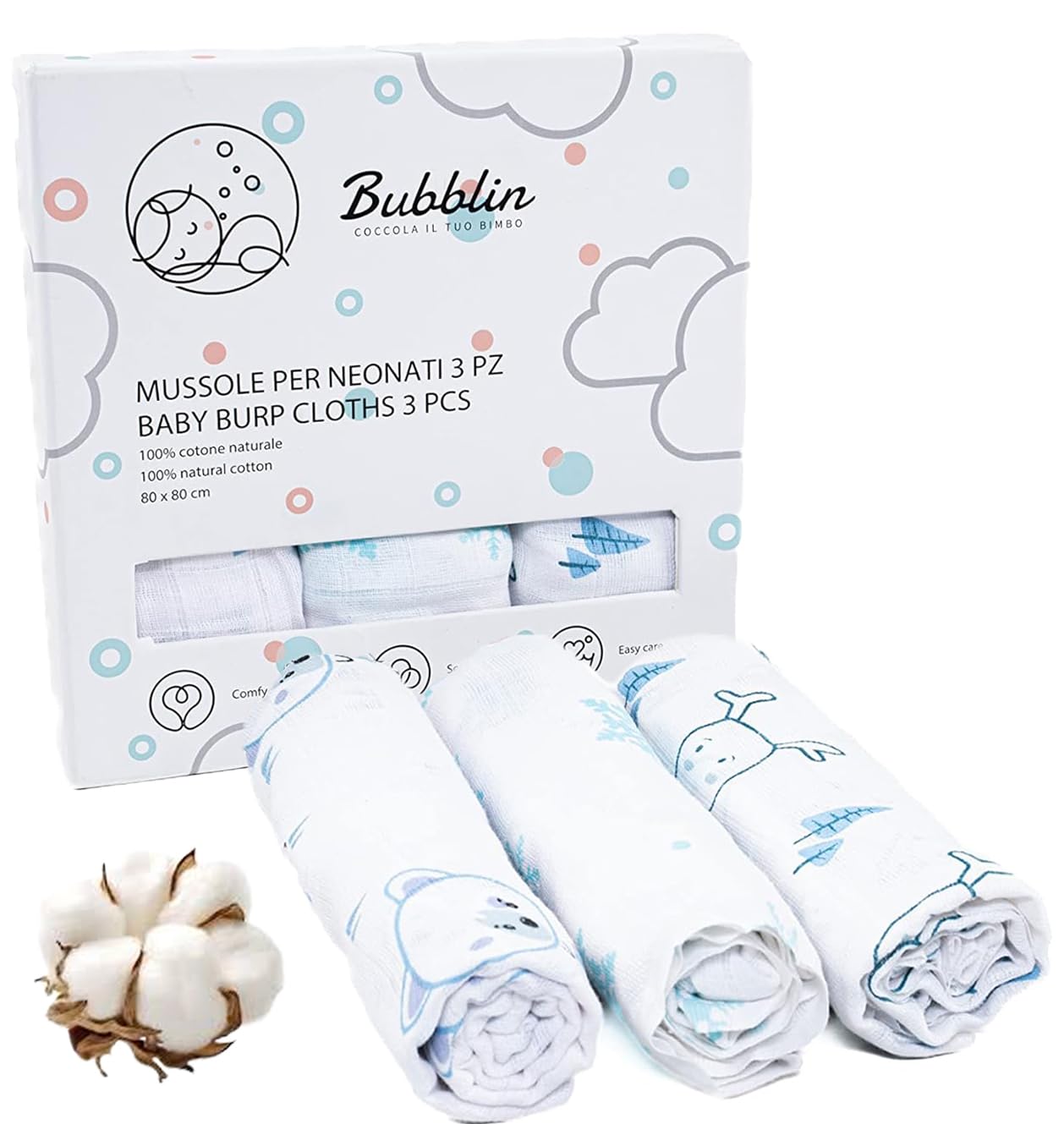Bubblin, Set of 3 Muslin Baby, 80 x 80 cm, Squared Baby Towels, Double Fabric, 100% Natural Cotton, OEKO-TEX Certified