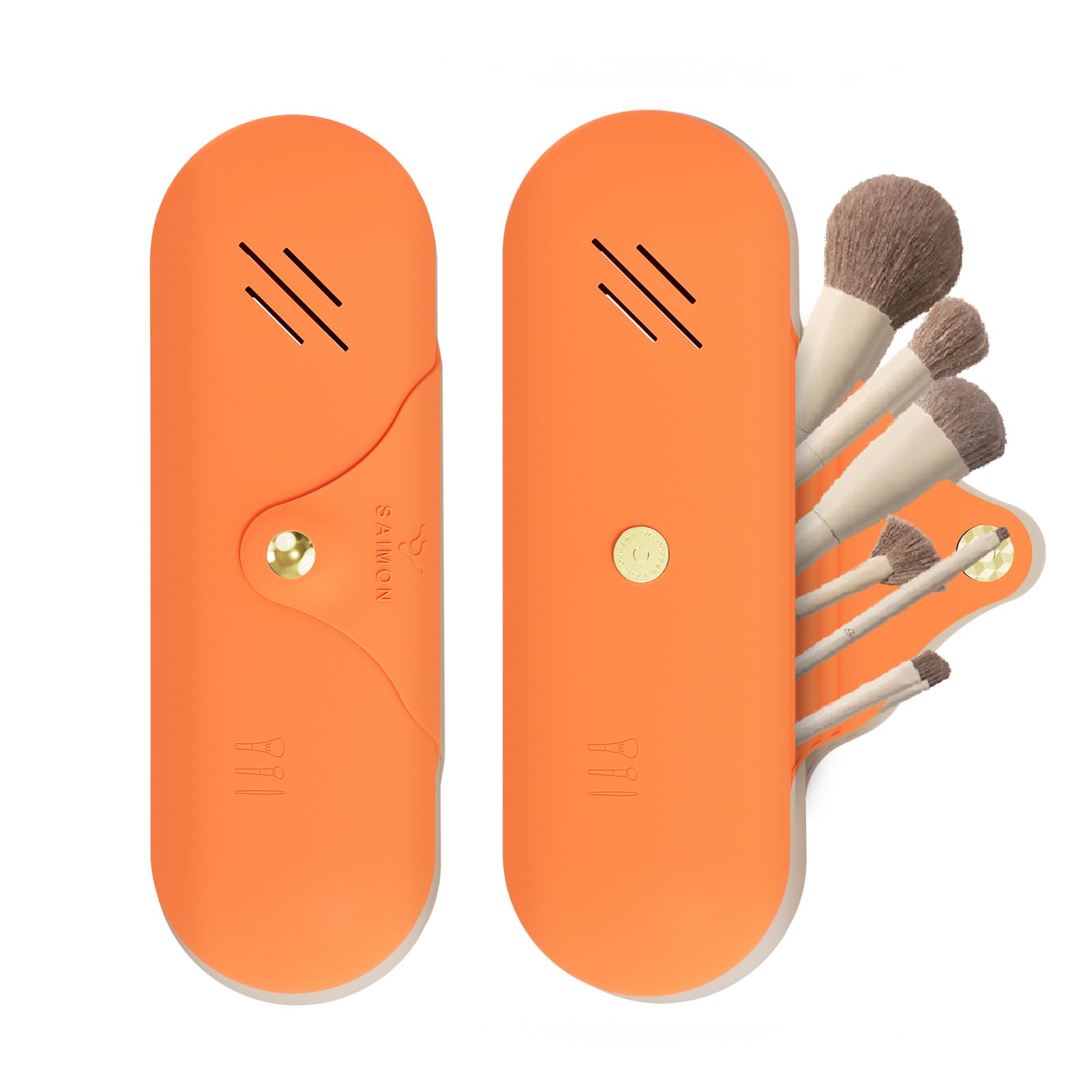 SAIMON Makeup Brush Holder Silicone Makeup Bag Makeup Pouch Cosmetic Bag Make up Brush Case Brushes Organizer Travel Essentials Magnetic Snap Flap Cover (Orange)