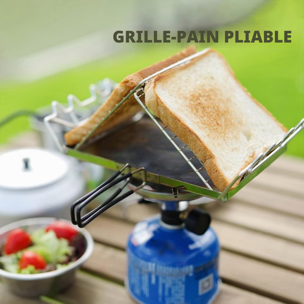 Sonew Grille-pain de camping pour réchaud à gaz, en acier inoxydable, pliable, poignée avec revêtement en caoutchouc, idéal pour le camping, le pique-nique et la pêche