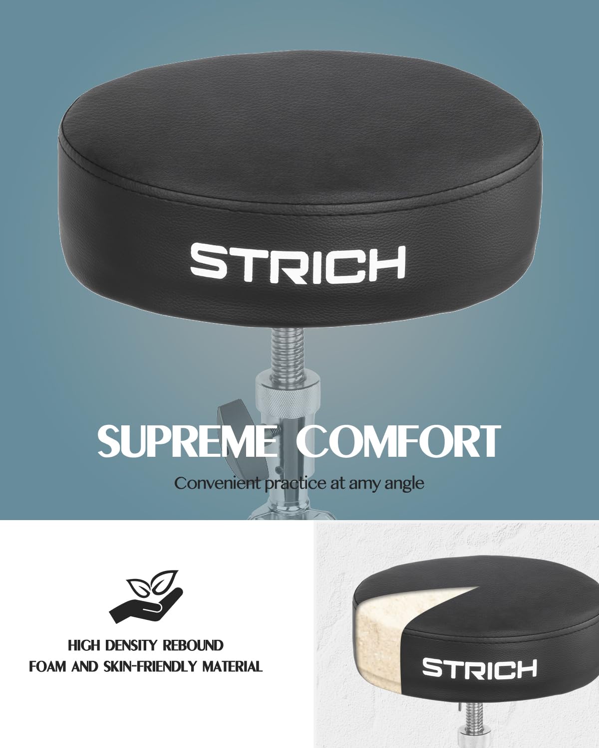 STRICH Sgabello imbottito per batteria, sgabello girevole resistente per chitarra, con bacchette 5A, SDB-20