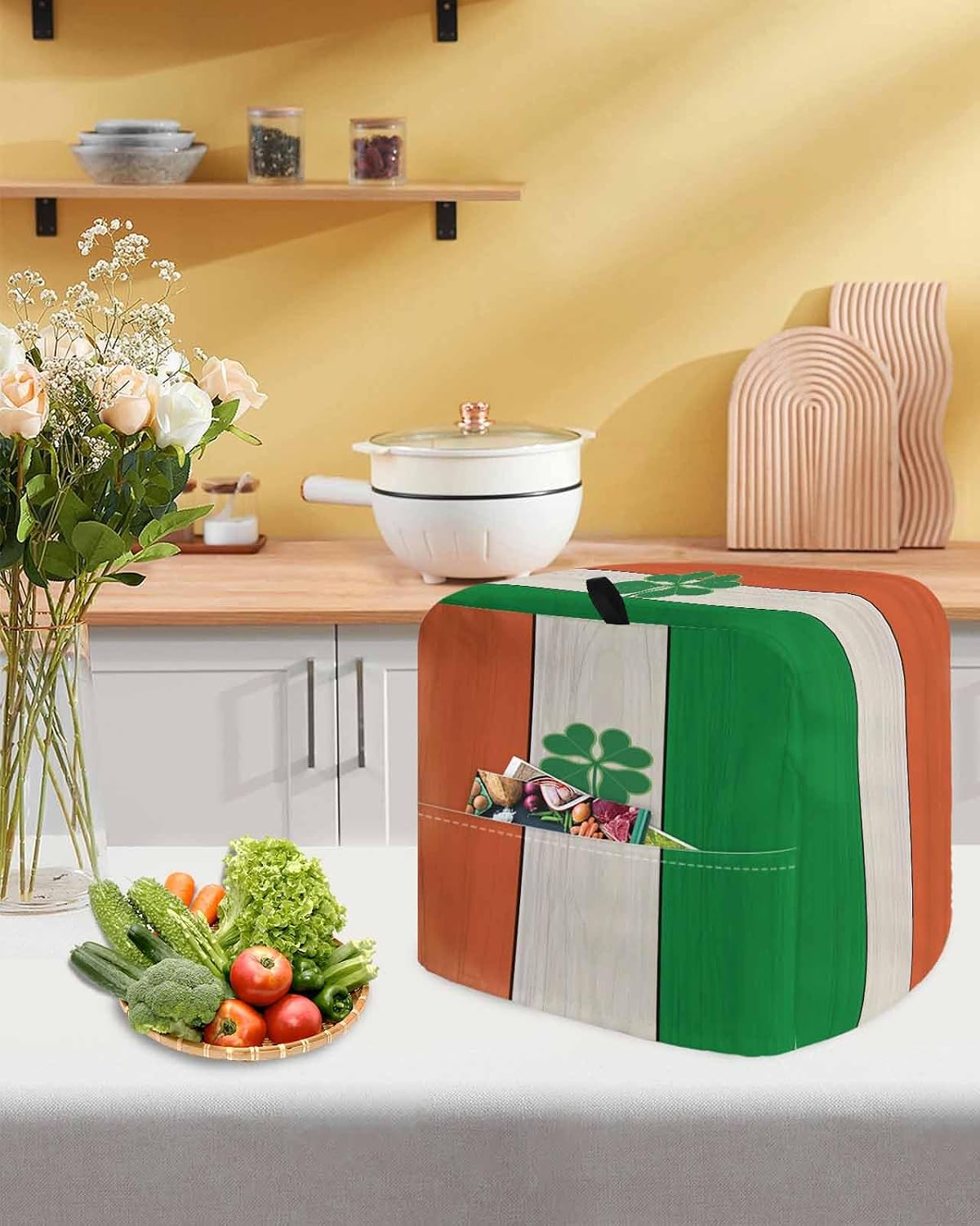 St. Patrick's Day Stand Mixer Cover with Storage Pocket, Waterproof Kitchen Mixer Covers, Irish Green Shamrock Flag Wood Grain Kitchen Appliance Dust Cover Compatible with 4/4.5 Quart Mixers