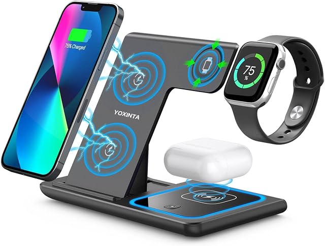 Wireless Charger, 3 in 1 Wireless Charging Station, Fast Wireless Charger Stand for iPhone14/13/12/11/Pro/Max/XS/XR/X/8/Plus, Apple Watch 7/6/5/4/3/2/SE, AirPods 3/2/Pro(Black)