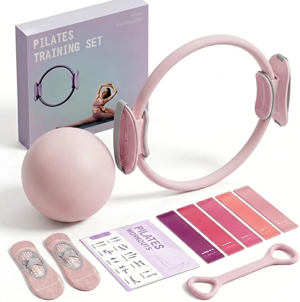 RosyWay Pilates Kit for Women-Pilates Ring and Ball Set, at Home Pilates Workout Equipment with Magic Circle,5 Resistance Bands, Ball,Elastic Bands-Beginner Valentine's