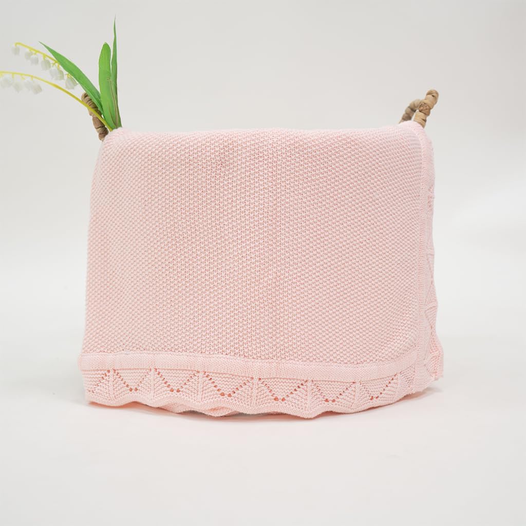 Baby Knit Blanket Soft Breathable Cotton Scallop Border Blankets Newborn Knitted Blanket Swaddle Blankets Gifts for Baby Newborn Toddler Shower Boy Girl New Mom Birthday Christmas Pink 30x30