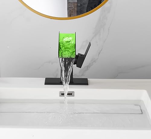 Miniatura 4 de Grifo de baño negro cascada con boquilla abierta LED que cambia de color, 1-3 agujeros, lavabo, lavabo, grifo de lavabo, mango único con tapón de