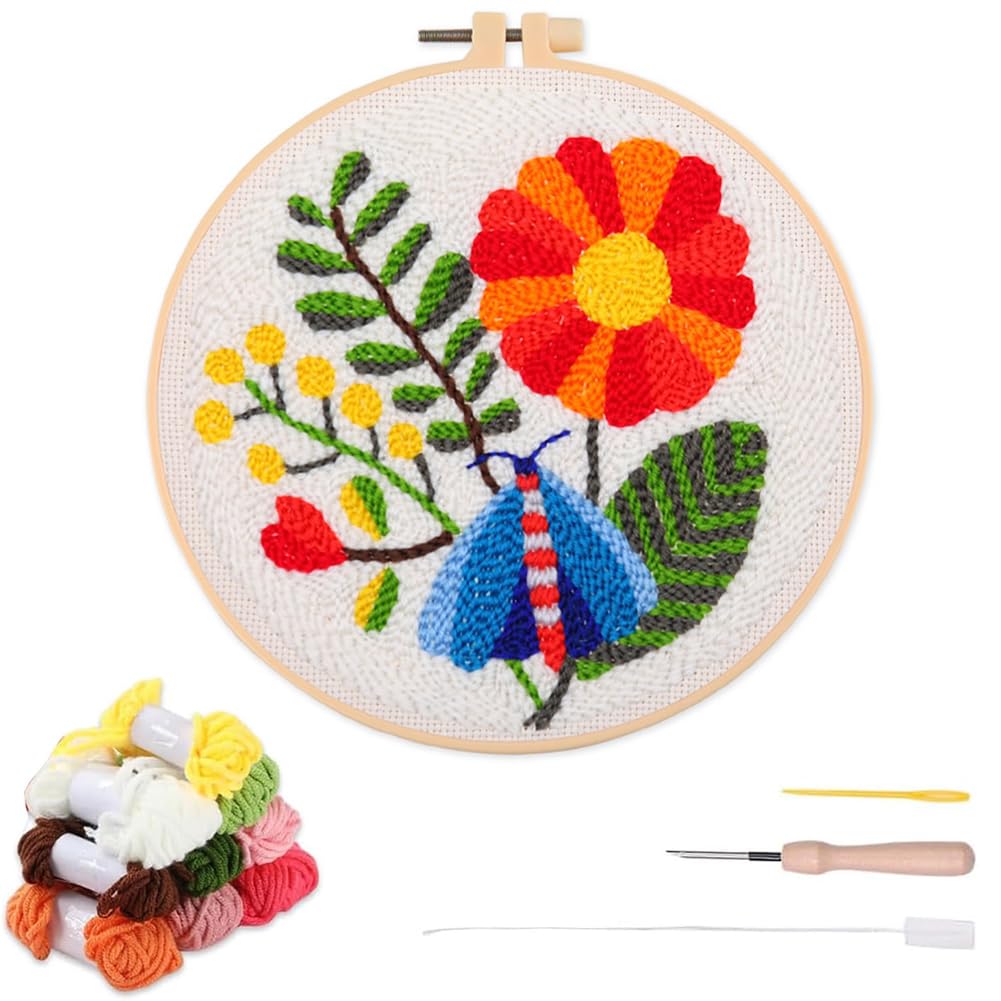YEESAM ART Punch Needle Kit with Dragonfly and Flower Patterns, Full Set DIY Punch Needle Embroidery Set including Hoop Tool