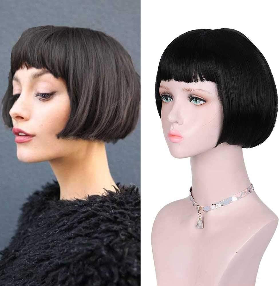 DIFEI Retro Wig Super Short Bob Wigs Black Straight Wigs with Above Eyebrows Bangs for Women (Black) (Black)