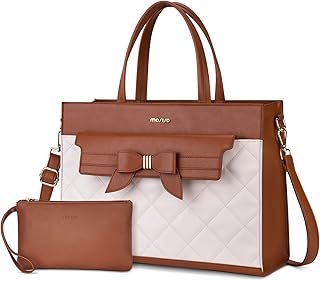 [MOSISO] ノートパソコントートバッグ、PUレザー フラップオーバーポケットトート & クラッチバッグ、女性用 蝶結び付き 仕事用ケース、ビジネス オフィス用 撥水 ラップトップ ブリーフケース