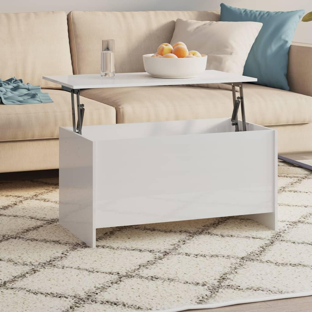 Table basse blanche laquée en bois avec plateau relevable ajustable et coffre intérieur