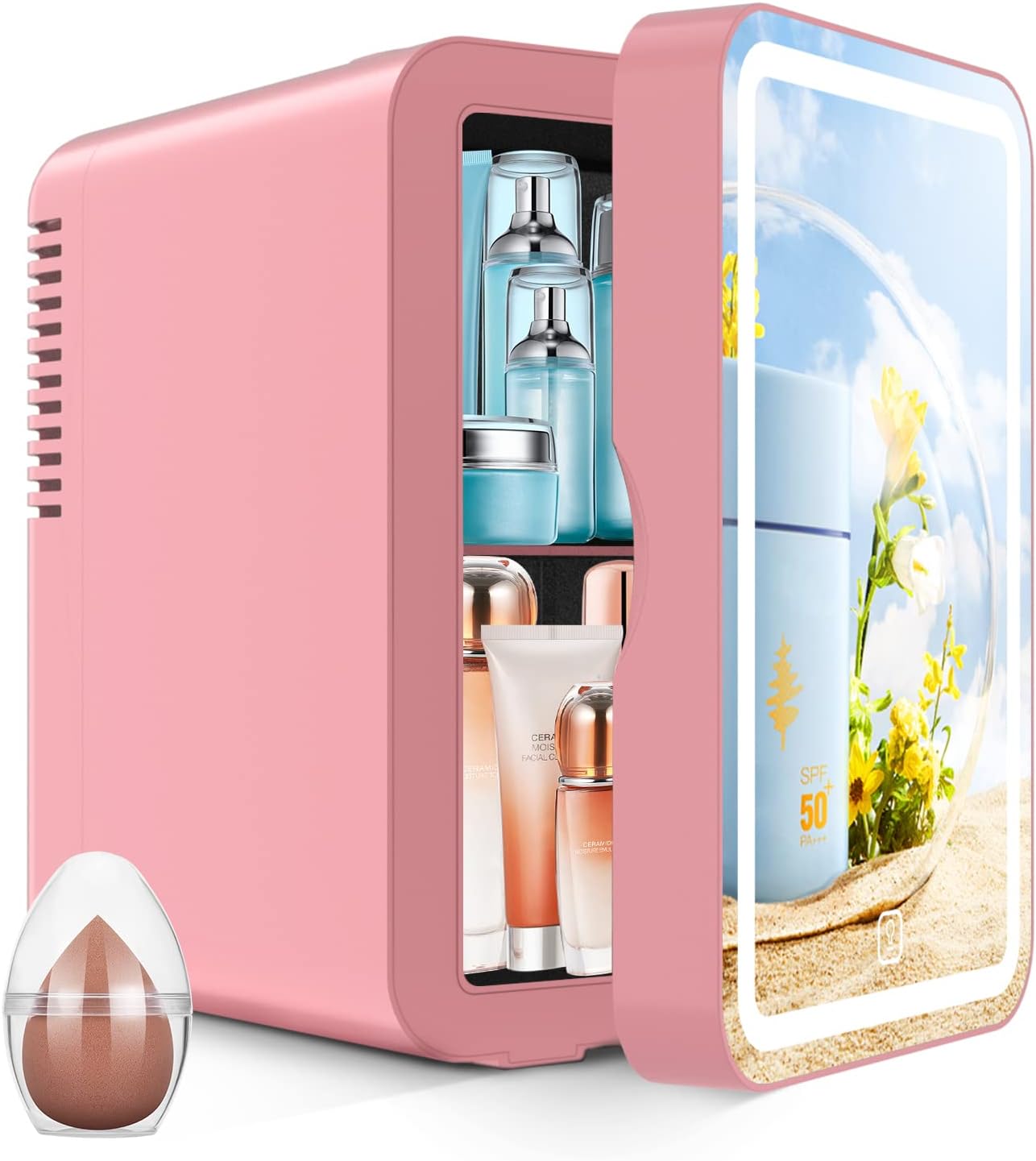 COOSEON LED Mirrored Beauty Fridge, Mini Fridge 6 Liters/8 Can With Makeup Sponge, AC/DC Thermoelectric Cooler and Heater, Suitable for Bedroom, Car, Used for Skin care, Makeup (Pink)