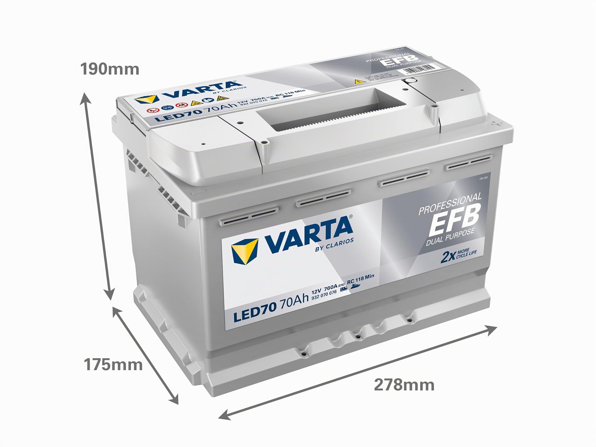 Batterie Varta Professional Dual Purpose EFB LED 70 12V 70AH 760 AMPS | Aufbaubatterie, Bordbatterie, für Wohnmobil und Boot, hohe Zyklenfestigkeit, zuverlässige Energieversorgung