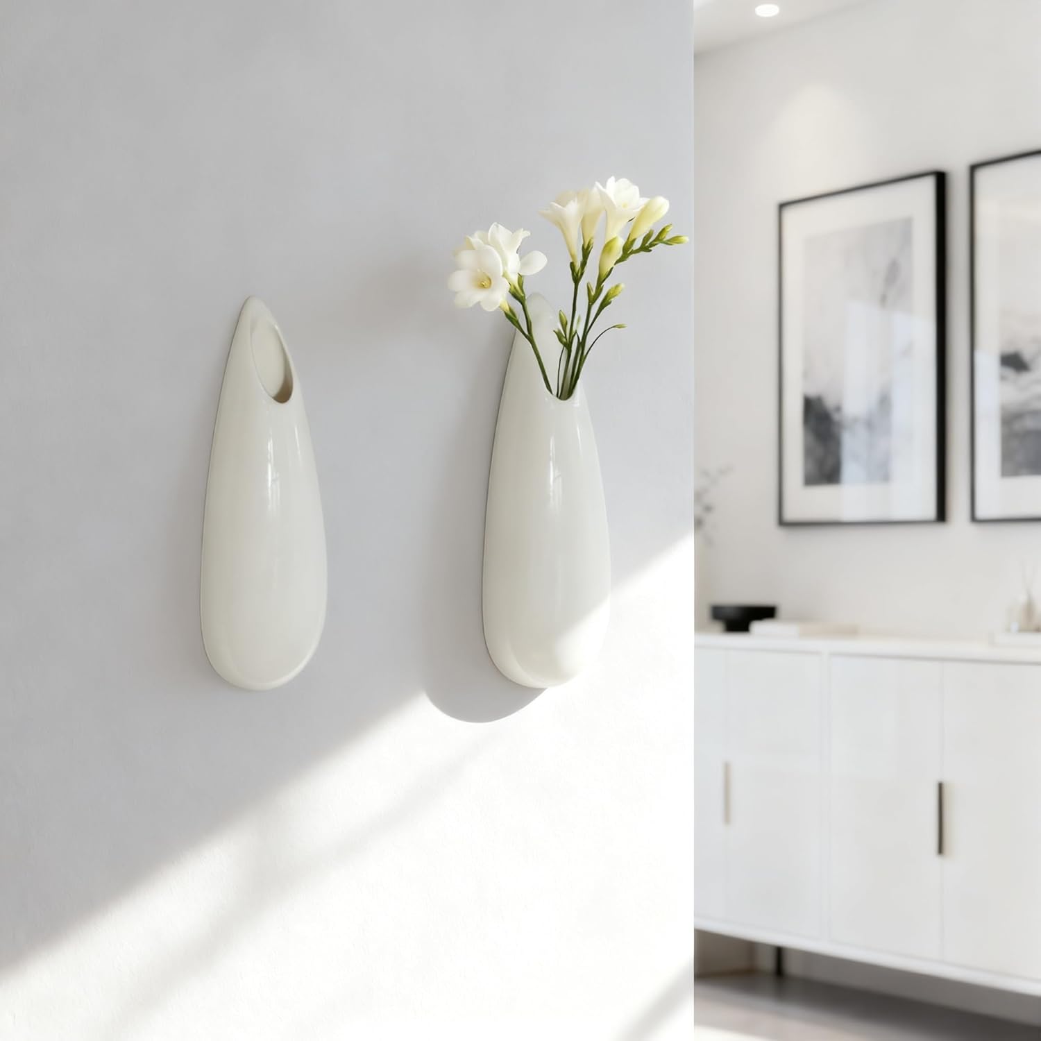 Hanging Ceramic Wall Vases, 7.9 Inch, Set of 2, Cubicle Modern Decor Wall Plant Holder Vase for Indoor Plants,Propagation Hanging Flower Pots for Air Vases,White
