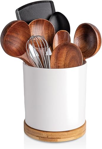 KITCHENLESTAR Soporte para utensilios de cocina grande de 6 pulgadas, organizador de utensilios de cocina de cerámica blanca con parte inferior de