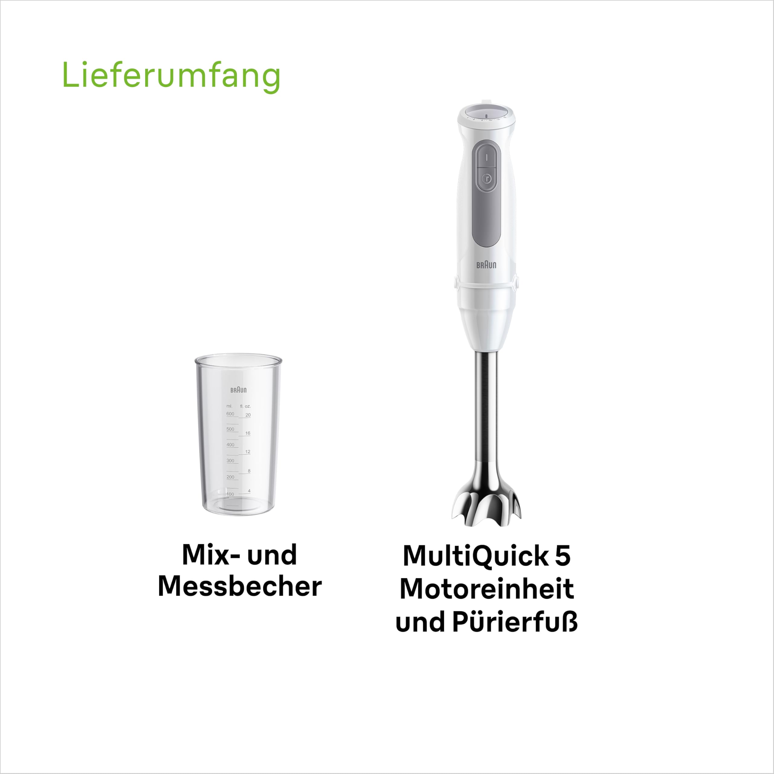 Braun MultiQuick 5 MQ 50001 M Stabmixer, 1000W, 21 Geschwindigkeitsstufen+Turbo, Edelstahl Pürierfuß, Easy Click, SplashControl, 600ml Becher, Weiß