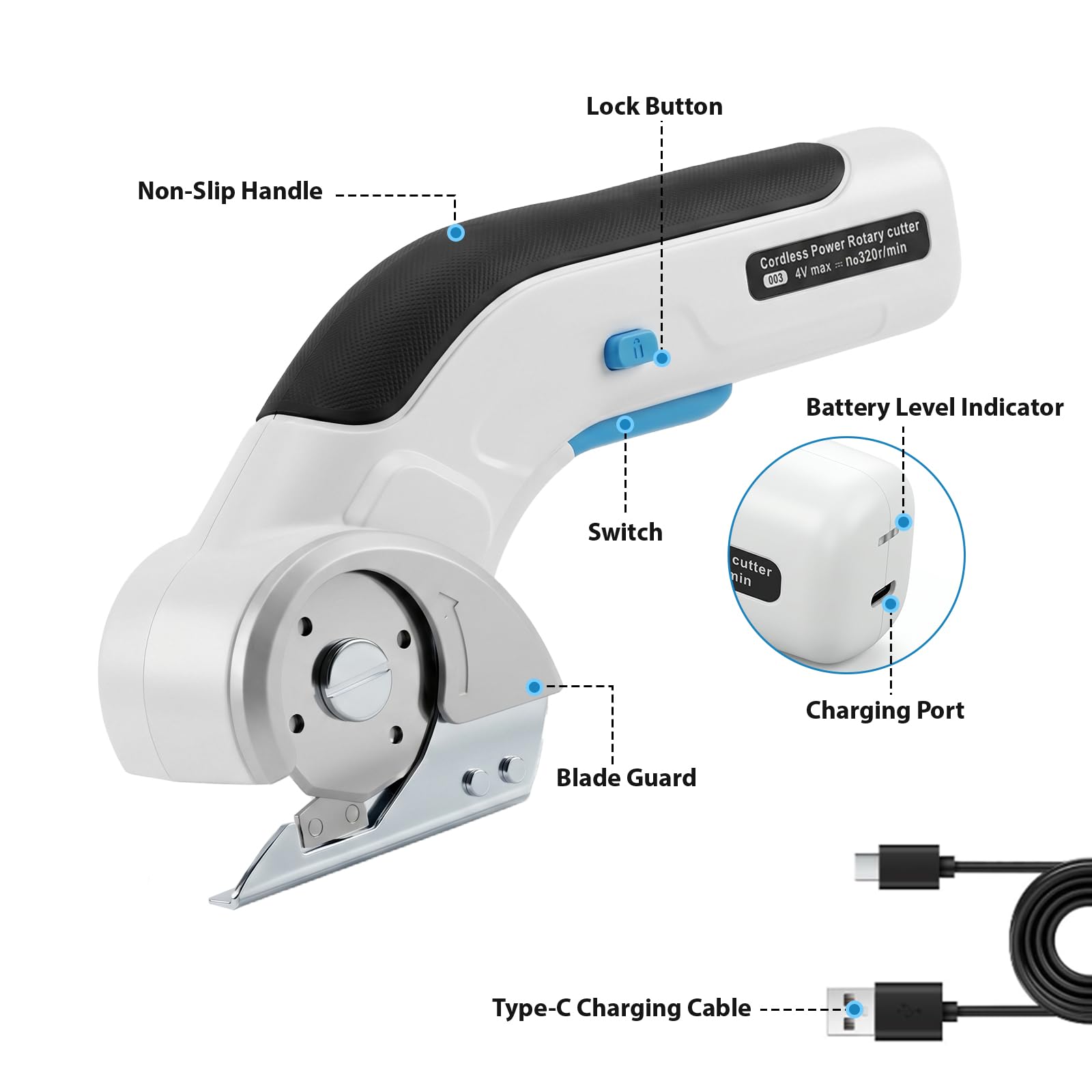 Tijeras Eléctricas Inalámbricas, Cúter Rotativo Eléctrico Recargable con Doble Cuchilla y Bloqueo de Seguridad para Cortar Cartón Tela Cuero Alfombra Herramienta Portátil