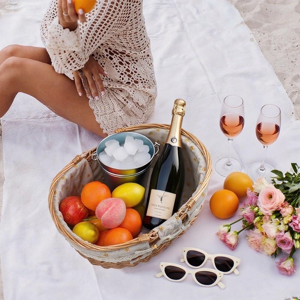 Large Wicker Picnic Basket with Handles,Handle Sturdy Woven Body with Removable and Washable Lining,Outdoor Camping,Gift Packing,Garden Picking, Storage.Yellow Flower - Image 2