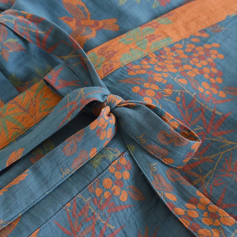 Cotton Double Gauze Traditional Hanfu Midi-length Nightdress Printing Tie-belt Bathrobe Loose Pajamas Comfortable Nightgown Sweat Steaming Yukata Sauna Suit Sleepwear Kimono for Women Large(Blue Bird)4