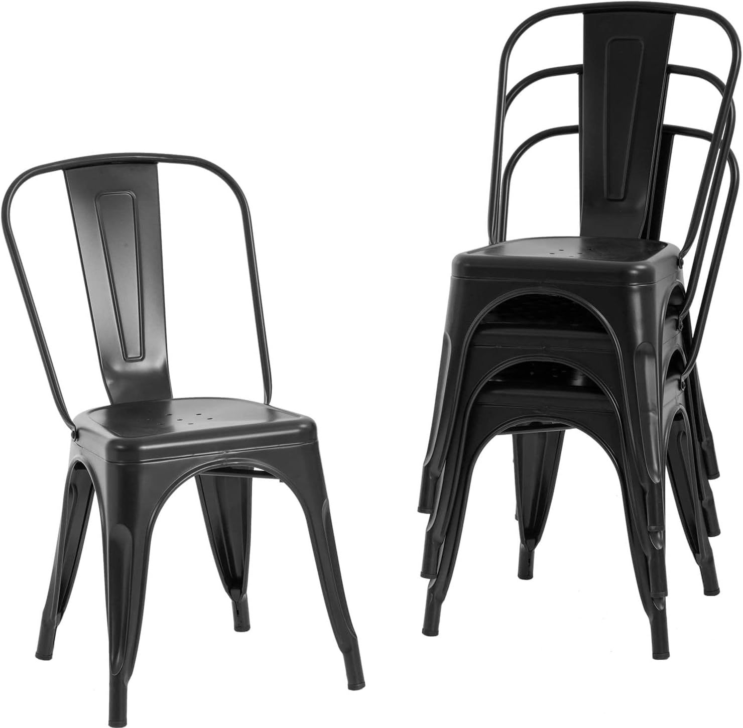 V&LX 33" Metal Chairs Distressed Style Kitchen Dining Chairs Stackable Side Chairs with Back Set of 4, Black