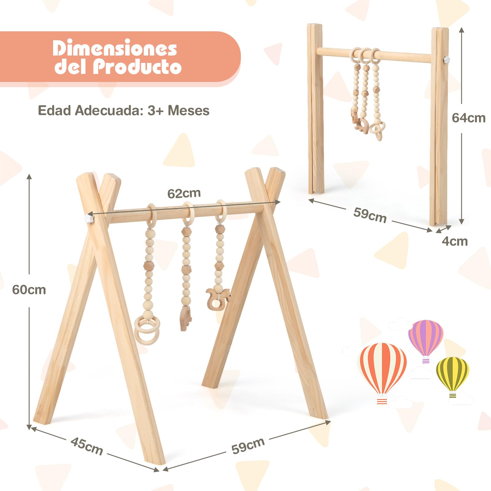 COSTWAY Gimnasio para Bebé de Madera Centro de Actividade con Juguete de Más de 3 Meses, Arco Plegable de Madera para Bebé con 3 Juguetes Extraíbles para Niños (Natural)