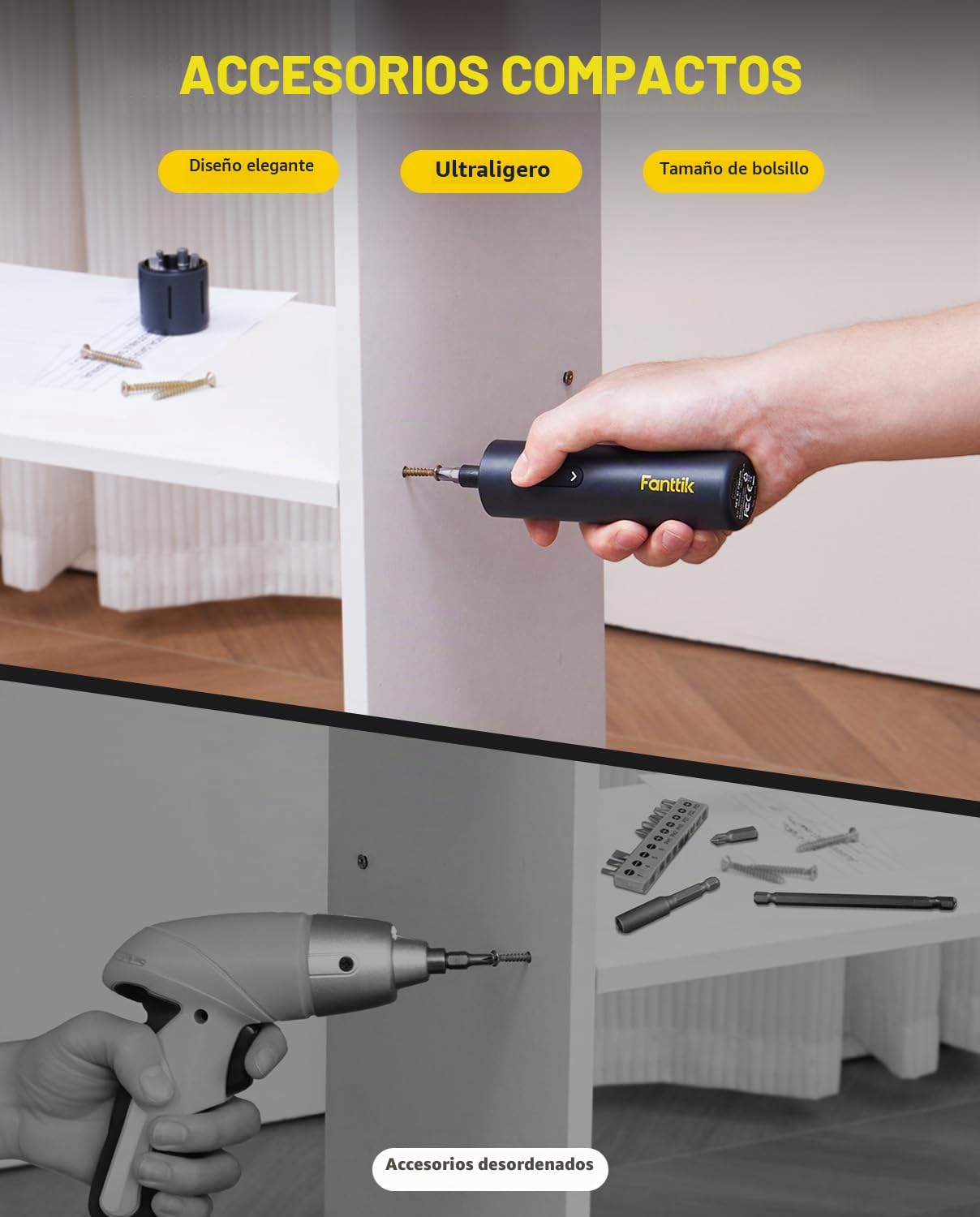 Fanttik S1 Destornillador Eléctrico Inalámbrico 3.7V, 5 N·m Máx, 320 RPM, 5 Puntas Dobles, Luz LED, Hex 1/4", Diseño Compacto, Ideal para Muebles y Electrodomésticos – Gris