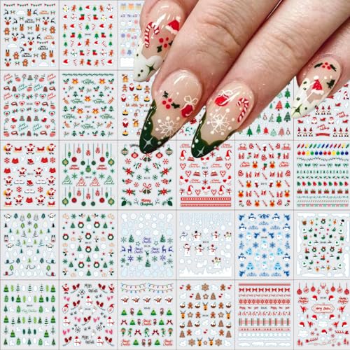 30 Sheets Christmas Nail Stickers 3D Self Adhesive Red Santa