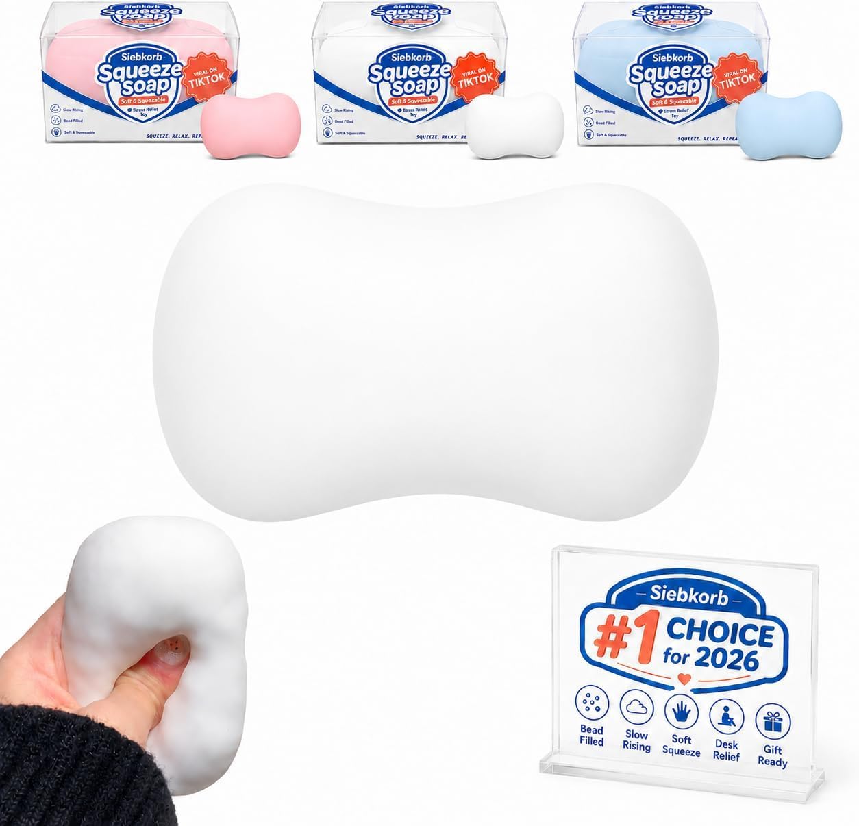 Crunchy Squishy Asmr Stress Ball, Realistic Handmade Bar Shape Bead Filled Crunchy Squishies Stress Ball, Cute Squeeze Sensory Fidget for Adults Office Anxiety Relief (White Soap) — image 1