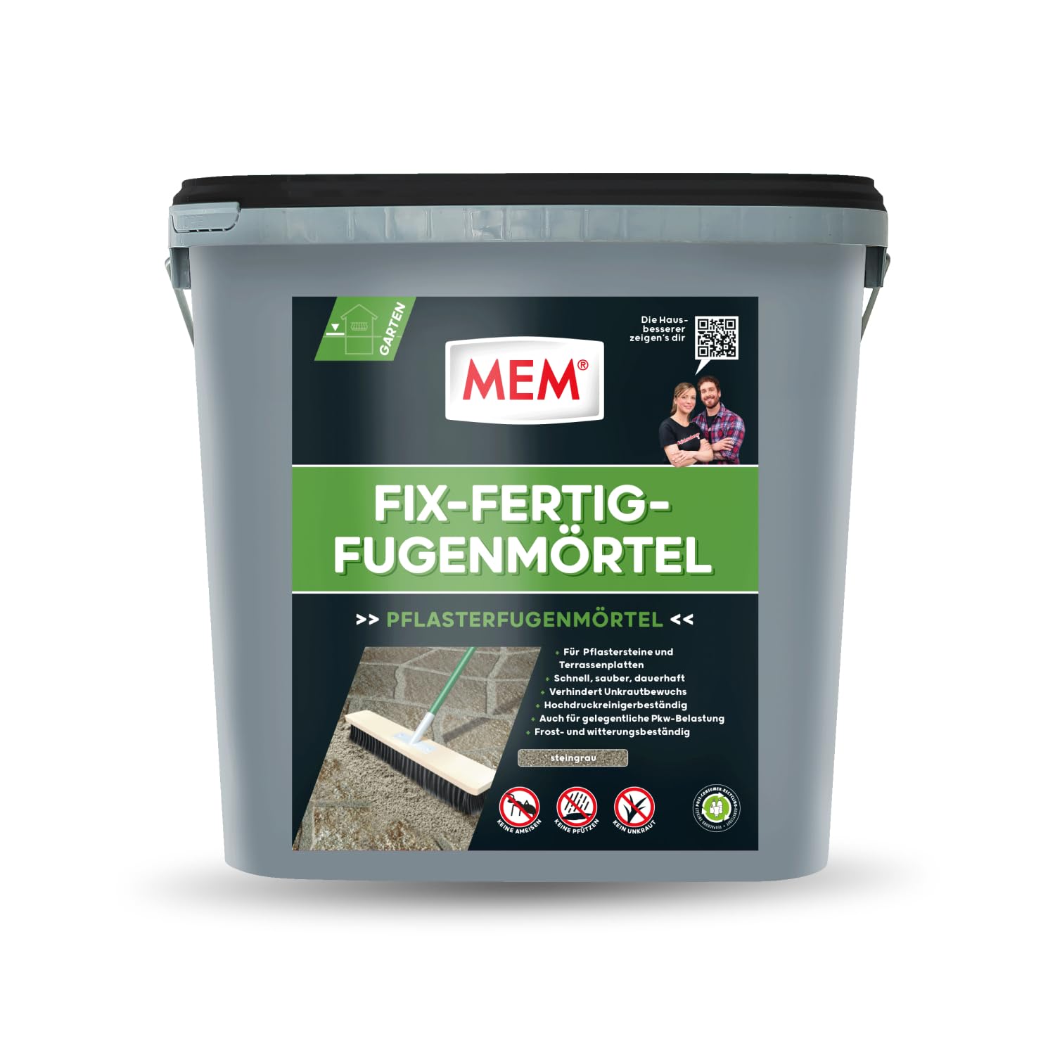 MEM Fix-Fertig-Fugenmörtel, Witterungsbeständig, Anwendungsfertig, Gegen Unkrautbewuchs, Steingrau, 12,5 kg