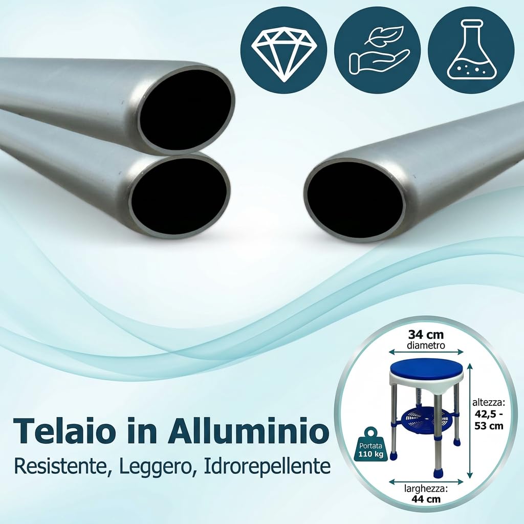 Sgabello da Doccia girevole a 360° con Cuscino Antibatterico e Ripiano Portaoggetti, con Altezza Regolabile per Anziani e Disabili Bianco