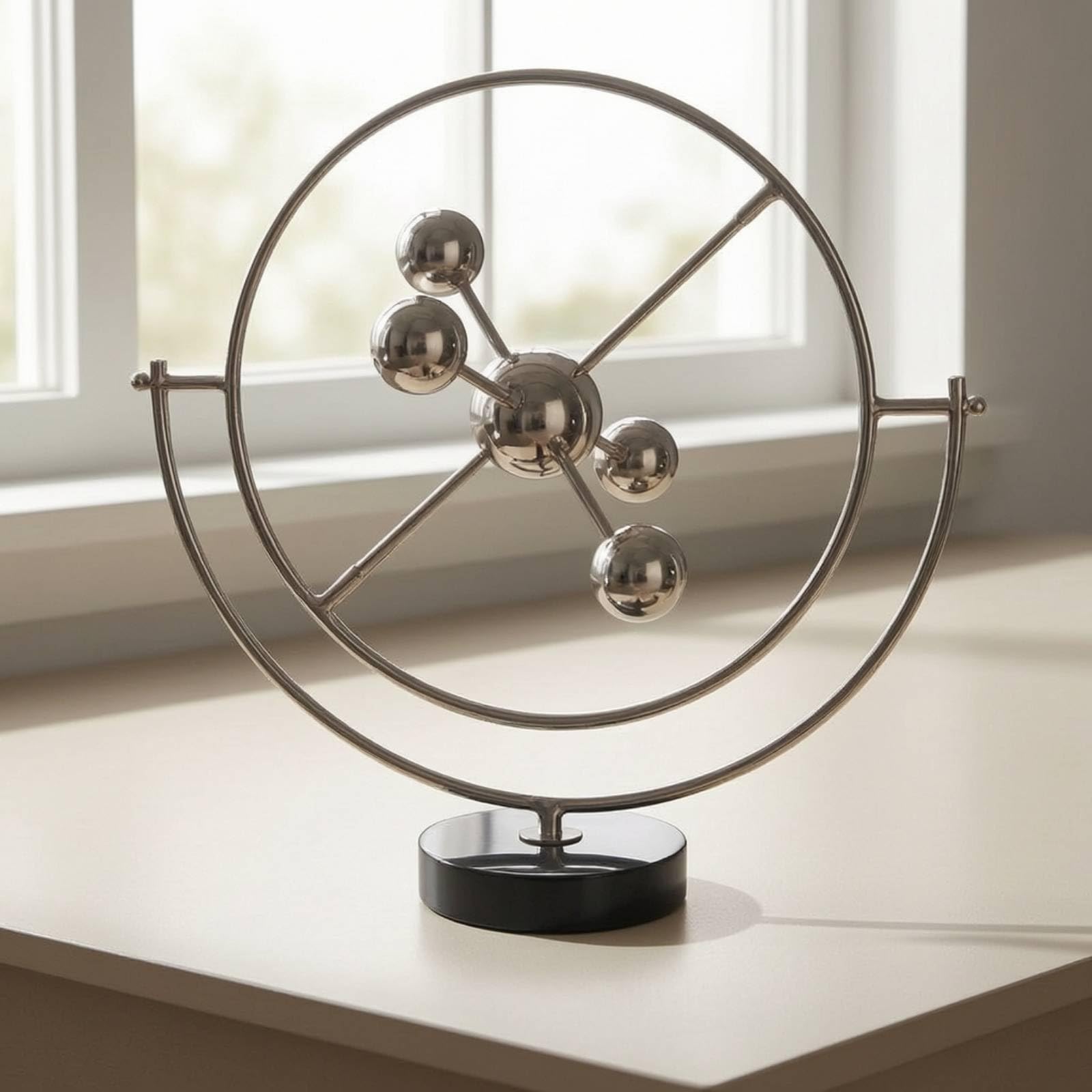 Sfera Decorativa Scultura Moderna Arredo Tavolo Centrotavola Astratto con Struttura Circolare E Barre Intersecanti in Lega con Sfere Specchiate Base