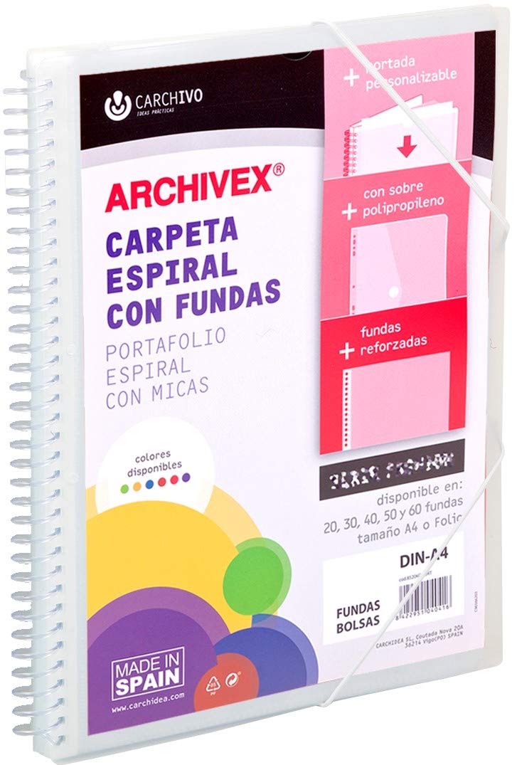 Classeur à spirale kangourou 20 pochettes en polypropylène DIN A4 + enveloppe + élastique de fermeture transparente