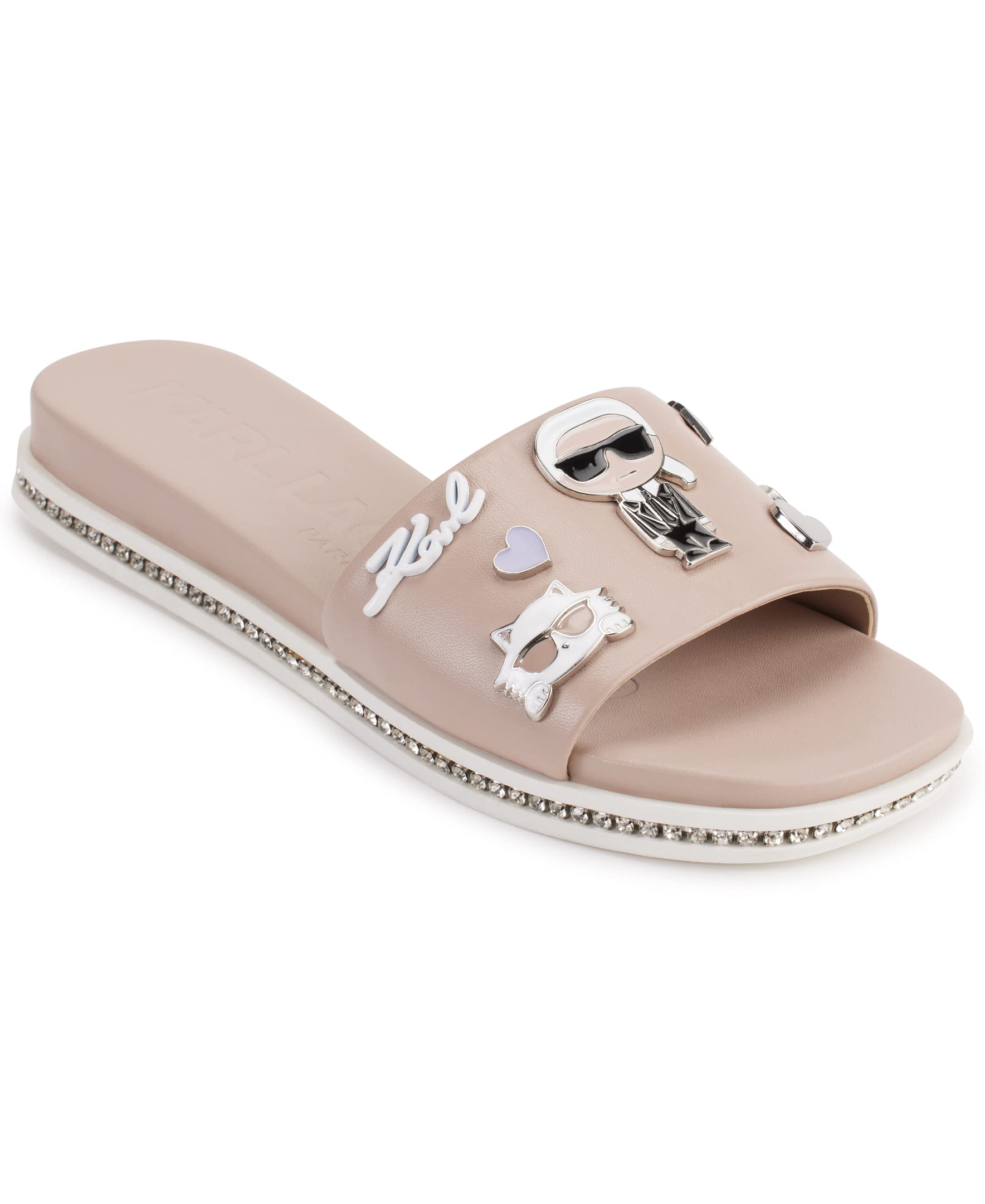 KARL LAGERFELDParis Women's Jeslyn Effortlessly Fashionable Slide-on Shoes with Bold Klp Pins Flat Sandal