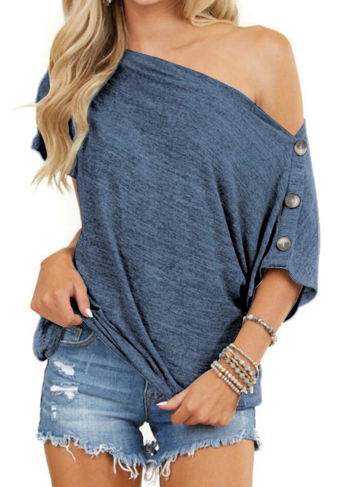 REVETRO Womens Short Sleeve Shirts Off The Shoulder Tops Sexy Button Down Shirt Loose Tunic Top Blouses Summer Tops…