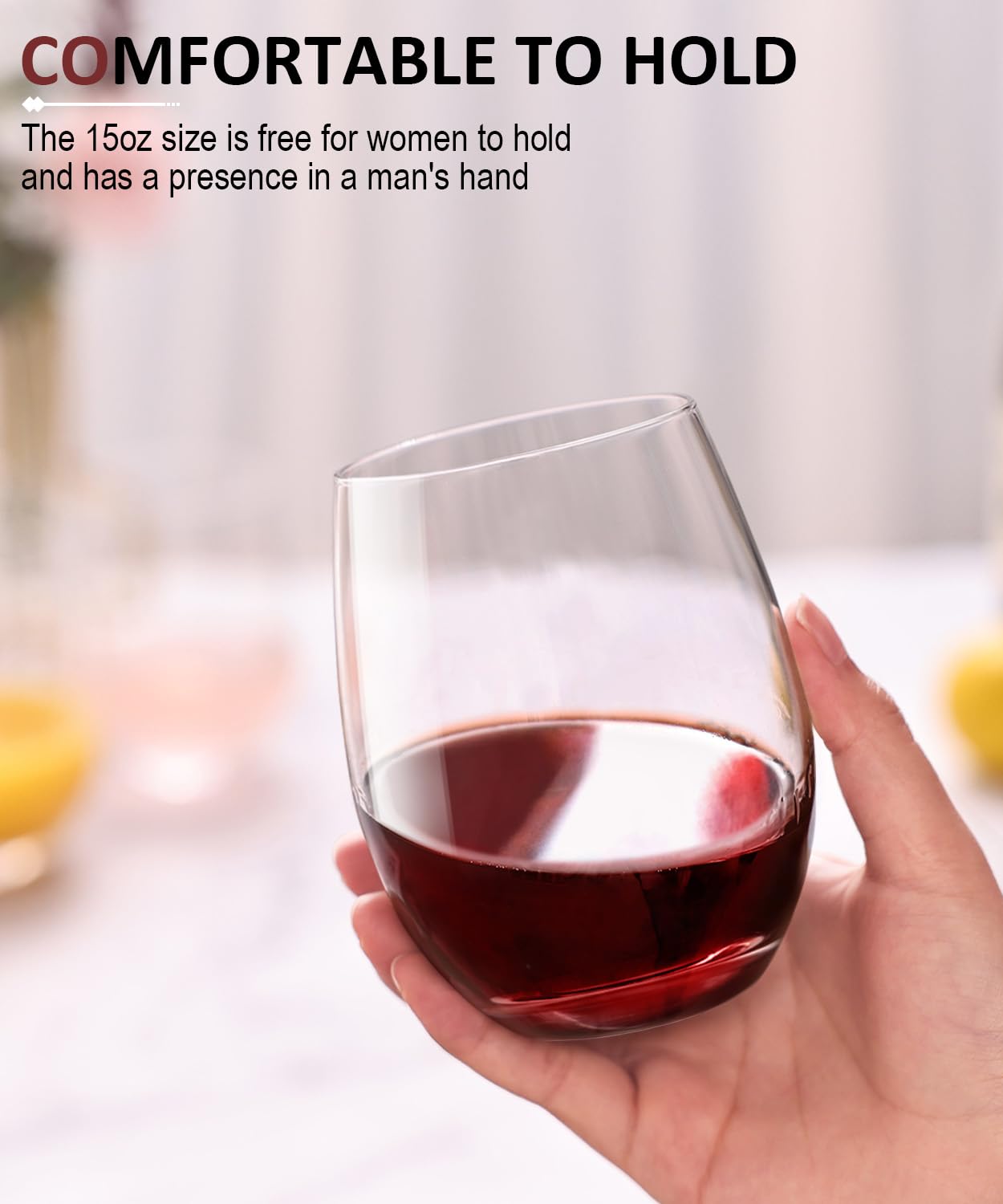 OJA Juego de 12 copas de vino sin tallo, copas de vino tinto y blanco de cristal de alta calidad, sin tallo, transparentes, 425.2 g, vaso resistente para uso diario, cumpleaños, boda, fiesta en casa,