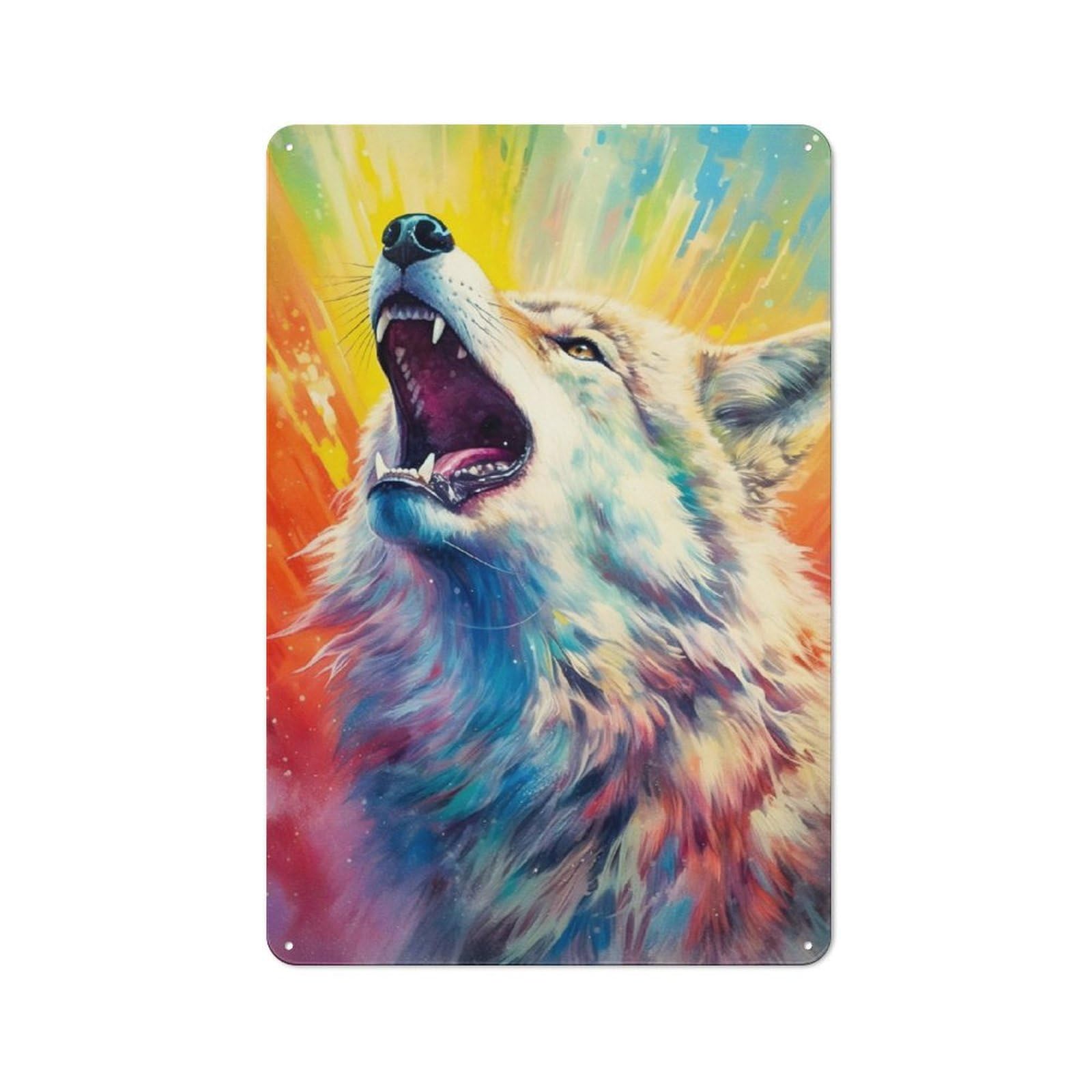 Junmoney Watercolors Wolf Rustic Tin Wall Plaque 30X20cm For Studio Or Craft Room, For Garage, Workshop And Man Cave Decoration