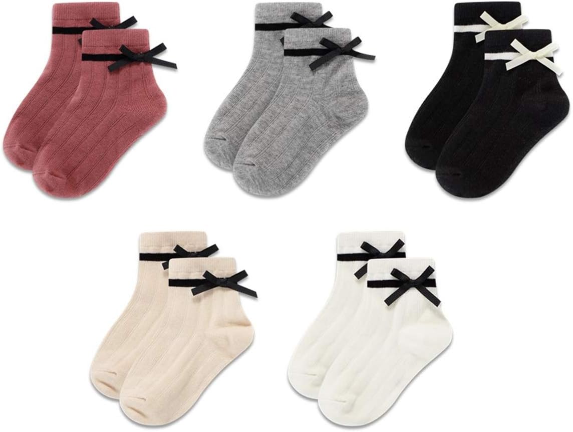 Gwenvenni Girls Socks Big Little Kids Cotton Ankle Sock Low Cut Toddler, Bow 5 Pairs, 3-5 Years