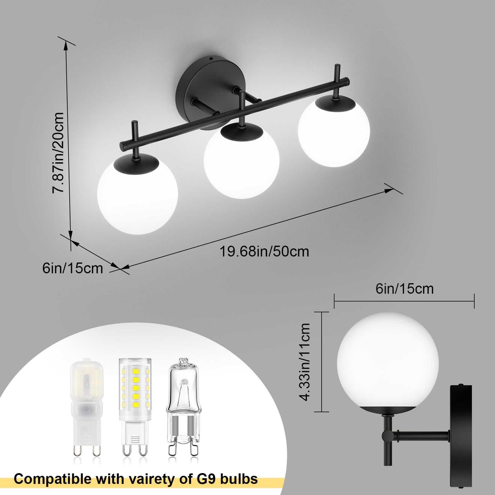 Ralbay Modern Black Bathroom Vanity Light Fixtures 3 Lights Milk White Glass Globe Mid Century Modern Bathroom Wall Lighting Bath Vanity Lights Over Mirror (Exclude G9 Bulb)