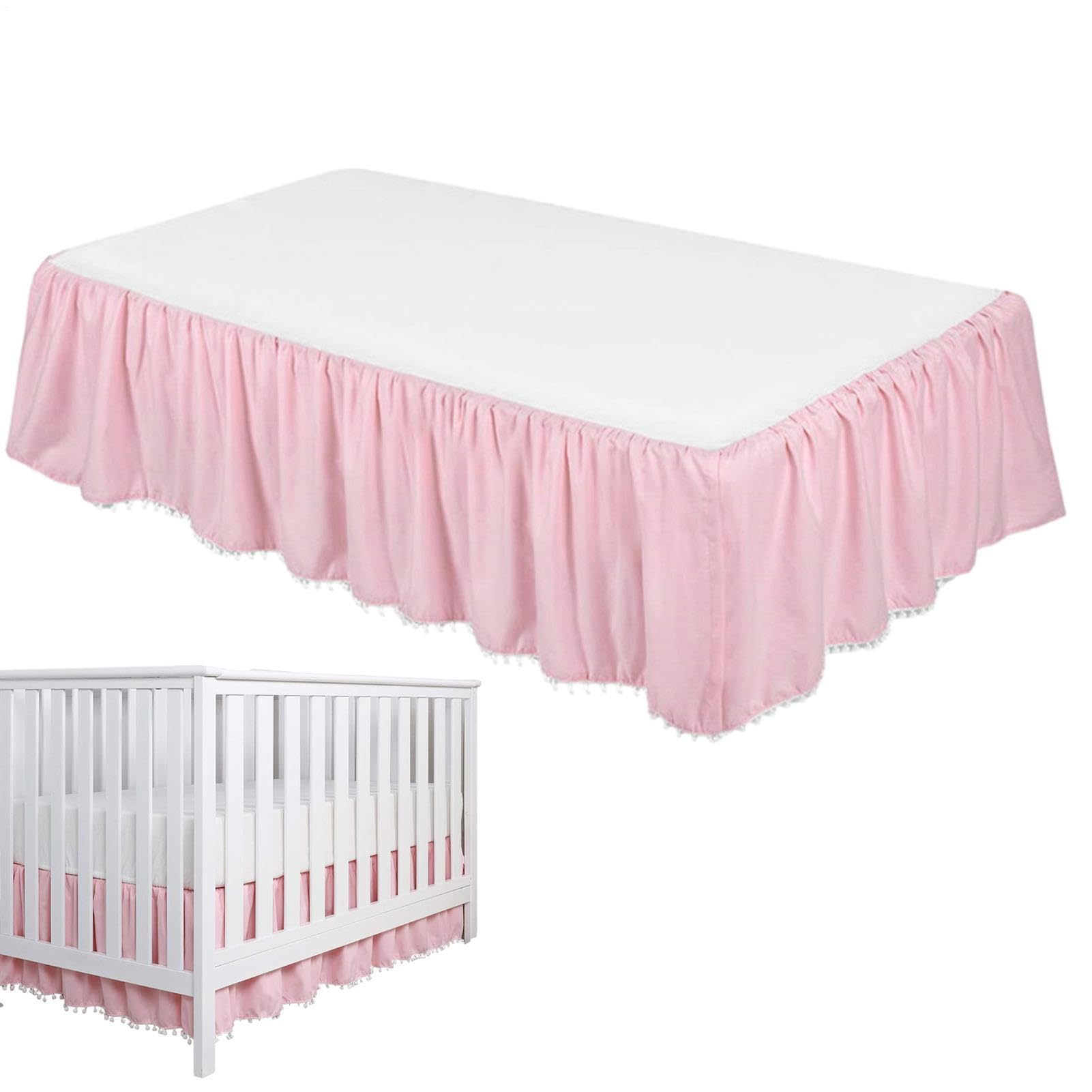 Crib Bed Skirt Girl Boy, Soft Breathable Baby Crib Bedding, Pleated Dust Ruffled Bed Skirt With Pompoms, 4 Sides Pleated Microfiber Nursery Toddler Bedding, 28" X 52" With 14" Drop