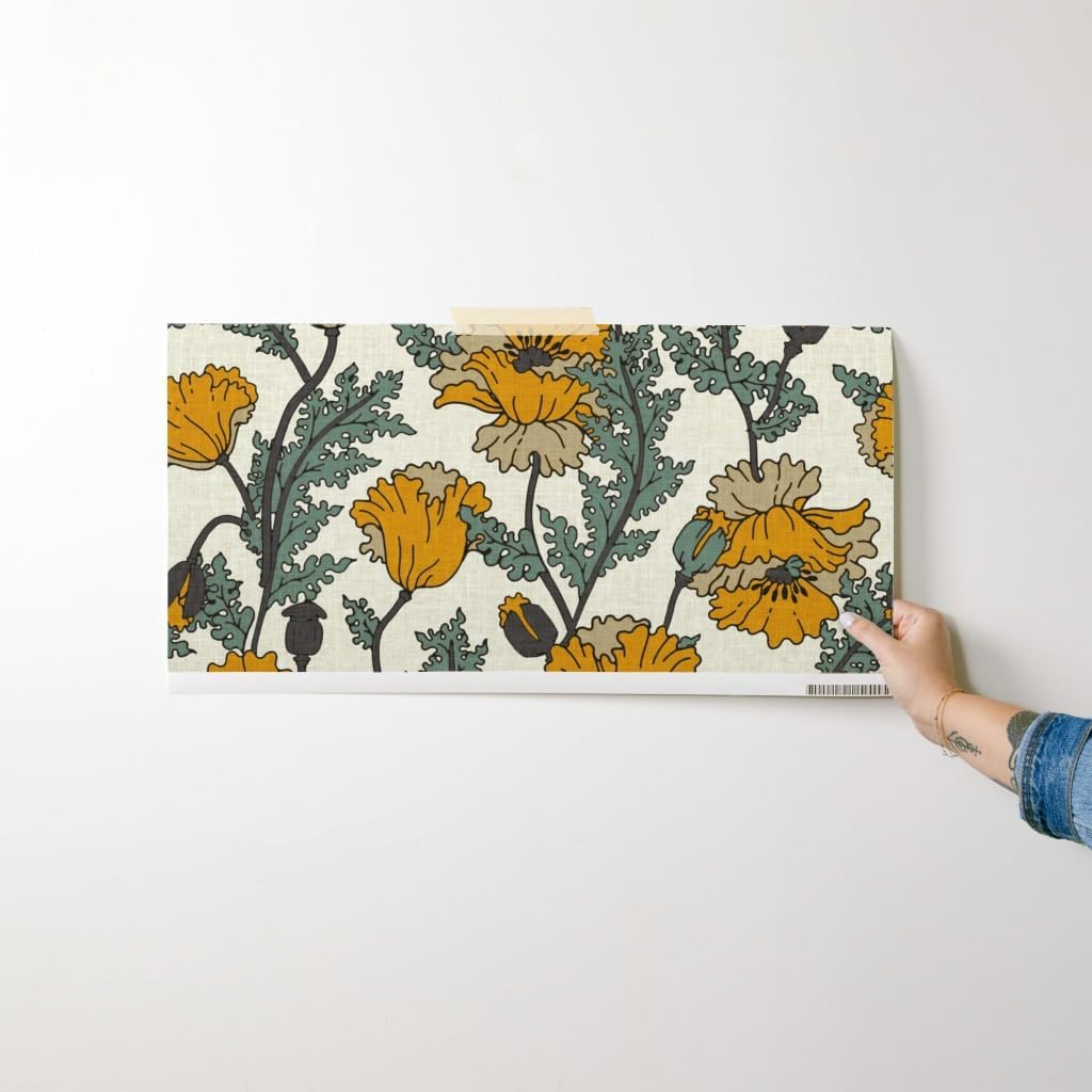 Spoonflower Peel & Stick Wallpaper Swatch - Poppy Bright Flower Vintage Floral Nature Retro Leaf Garden Custom Removable Wallpaper
