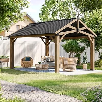 LET’S Patio 12' x 14' Outdoor Cedar Wood Gazebo, Hardtop Gazebo Permanent Wooden Pavilion with Galvanized Steel Gable Roof, for Deck, Garden, Patio, Garden