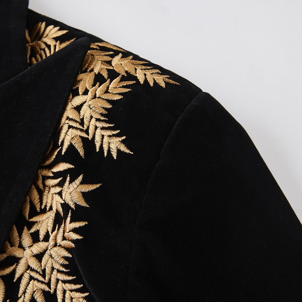 Blazer di Velluto Nero degli Uomini con Rami Floreali Piante Ricamo Slim Fit Cappotti per Feste di Banchetto di Nozze