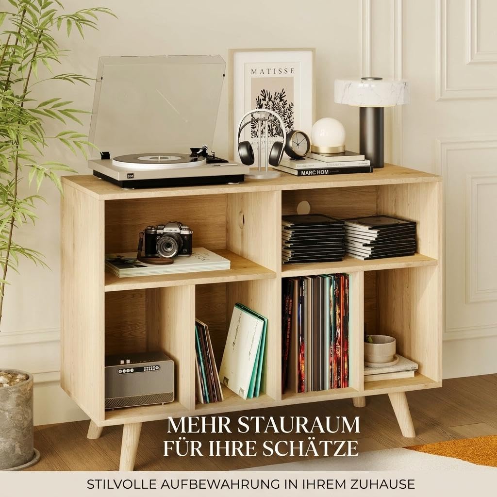 Garvee Großes Plattenspieler Regal, Schallplattenregal für bis zu 350 Vinyl, Holzregal mit USB und Steckdose – Offenes Design für Wohnzimmer, Schlafzimmer, Büro – Naturholz