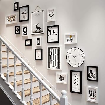 Staircase Photo Wall Set 18 Pcs, Modern Decoration Hanging Picture Frame Combination to Change Photos, 16 Frames & 2 Kinds of Accessories -Black+White