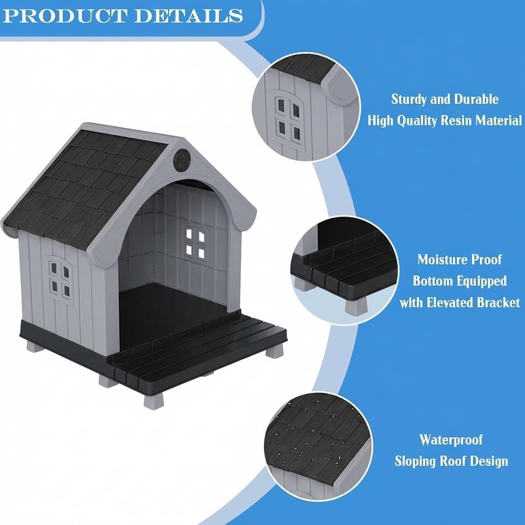 VIXZEN Large Dog House Outdoor, Plastic Weatherproof Dog House with Elevated Floor and Open Front, Easy to Clean & Assemble, Durable PP Material Pet Shelter for Large Dogs Outside (Black)